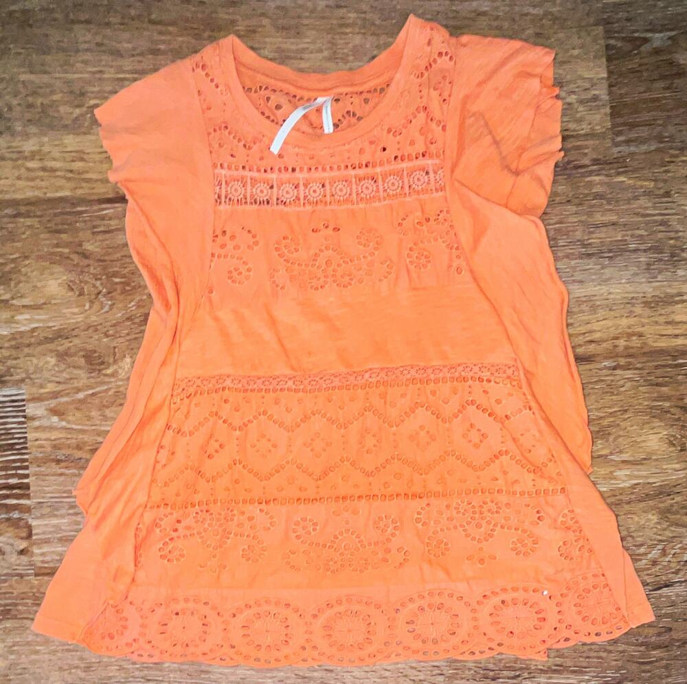 Anthropologie Peach Eyelet Embroidered Blouse Round Neck Flutter Sleeve